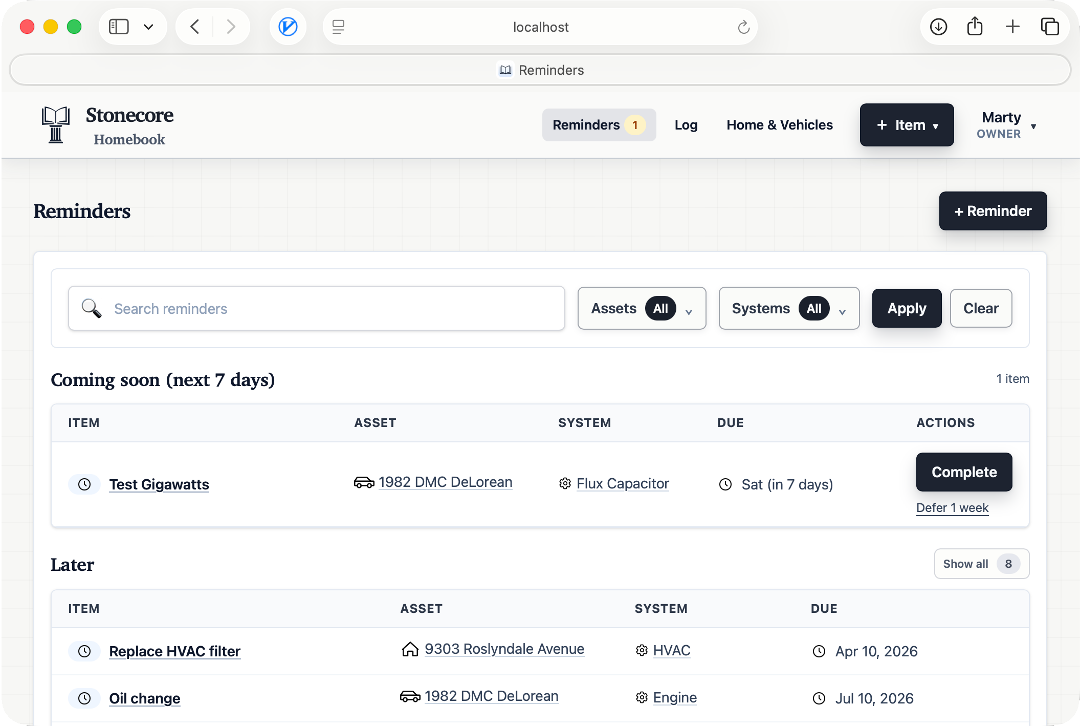 Stonecore Homebook reminders view screenshot
